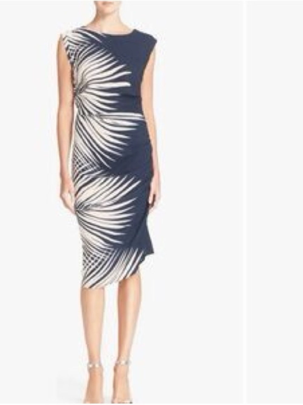 Veronica Beard Navy and White Palm-Print Midi Sheath Dress